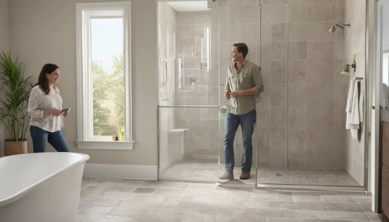 A local provider and a homeowner reviewing a bathroom remodel plan in a renovated bathroom in the Cleveland area