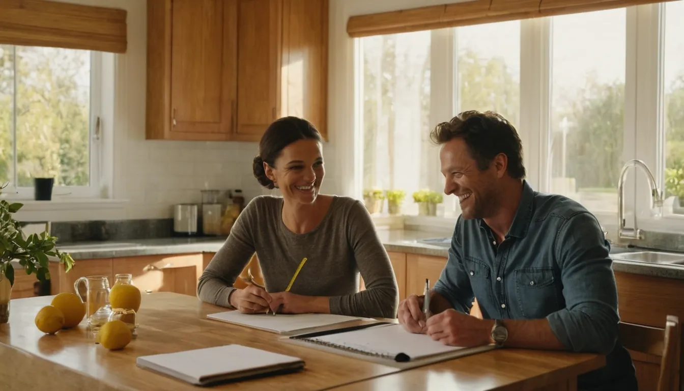 Kitchen remodel planning with cabinet samples and a tape measure